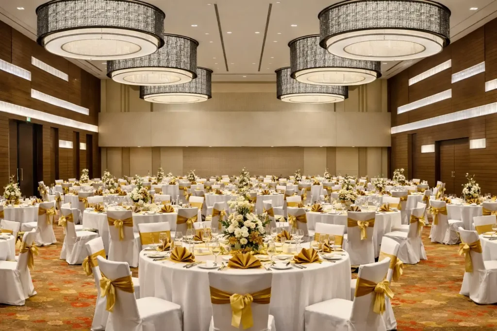 Elegant banquet hall setup with tables